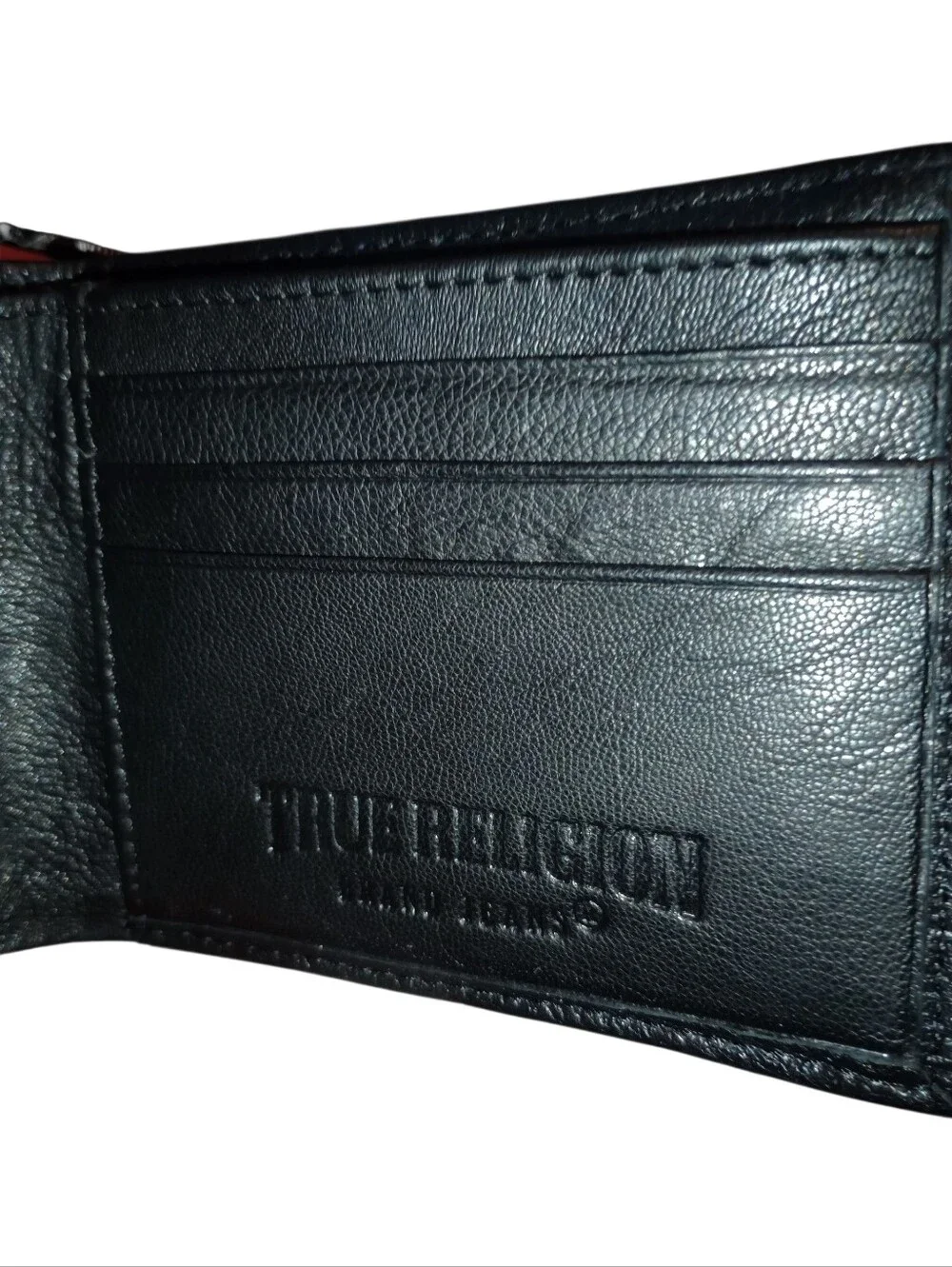 True Religion Black Leather Wallet with Red Horseshoe Logo, Gift Boxed, NWT